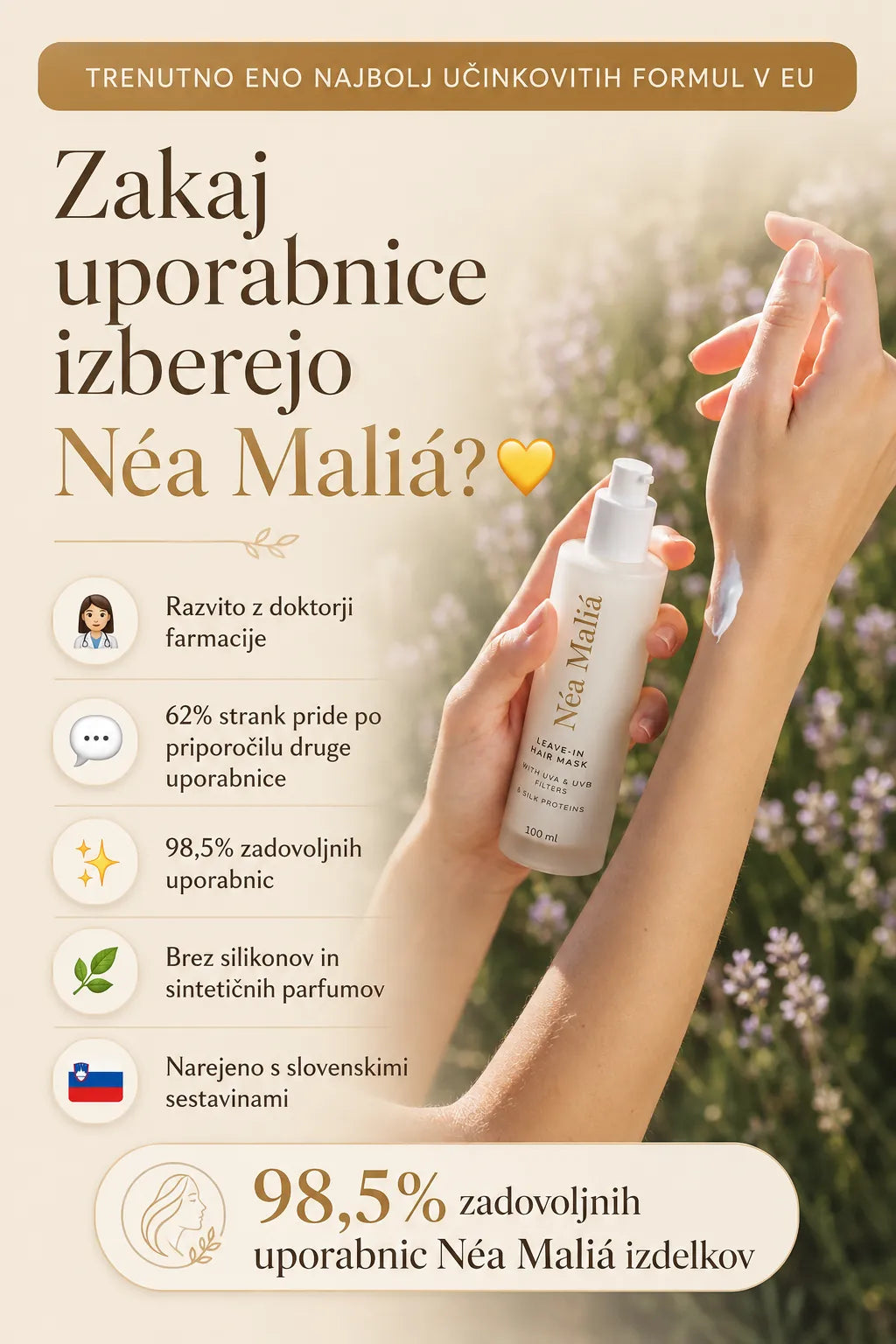 Maska za lase z UVA & UVB filtri in svilenimi proteini