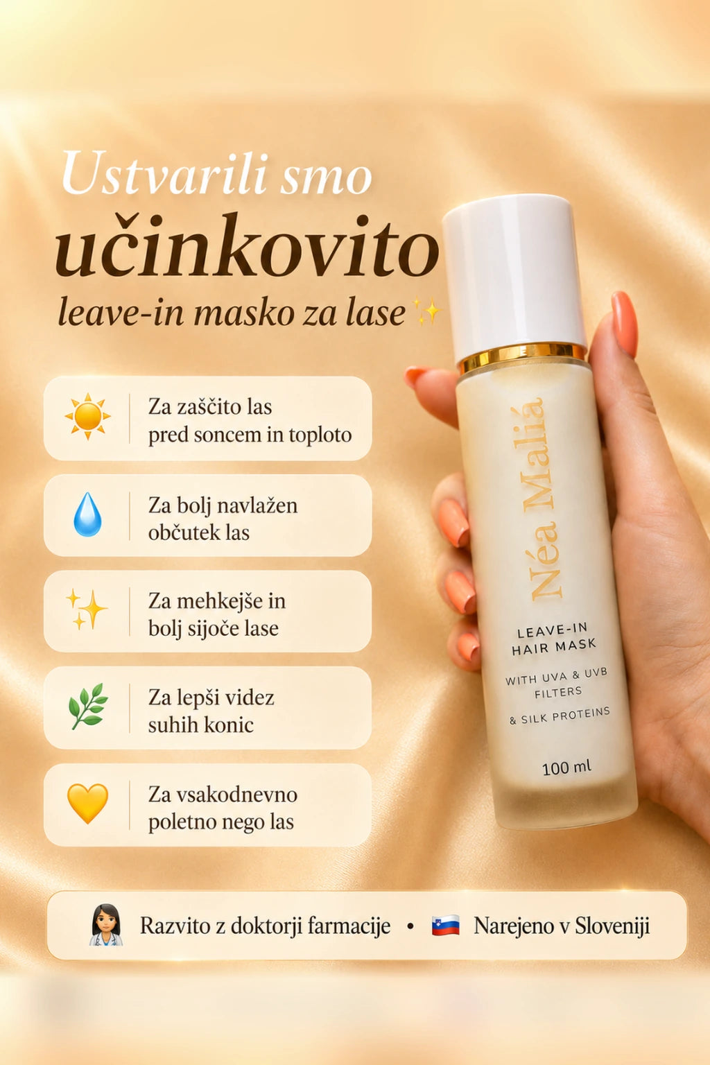 Maska za lase z UVA & UVB filtri in svilenimi proteini