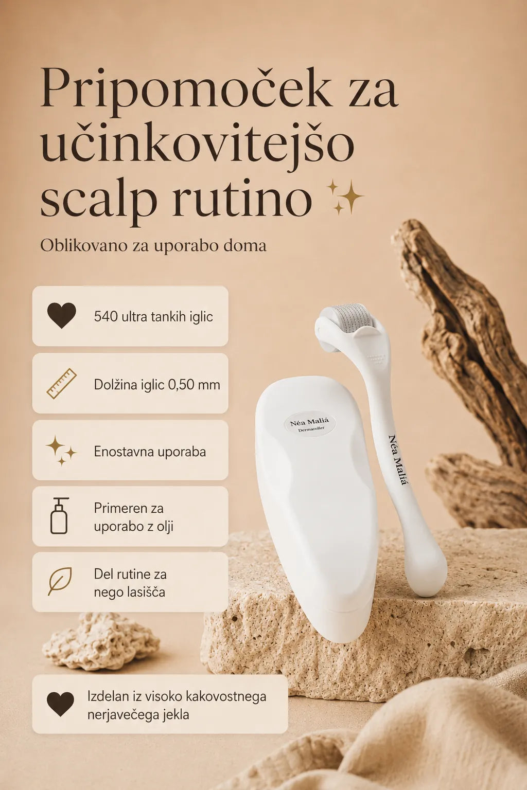 Derma roller za globinsko masažo obraza, lasišča in brade